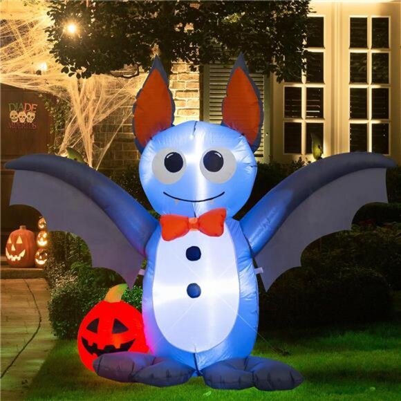 4 Foot Long Lighted Halloween Inflatable Bat & pumpkin LED Lights Decor Outdoor